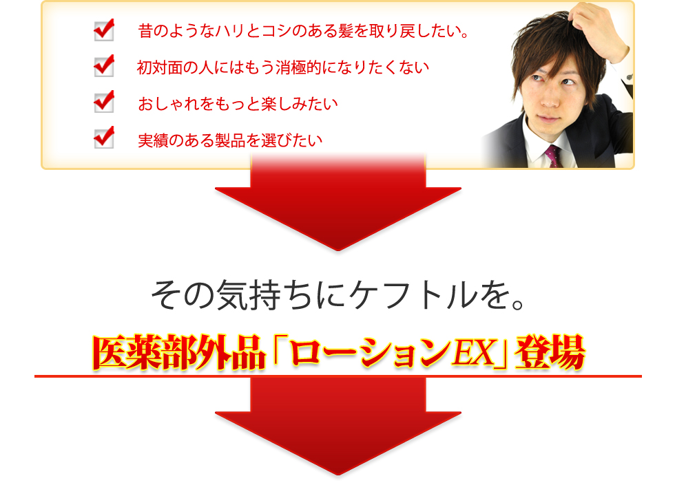 ・昔のようなハリとコシのある髪を取り戻したい・初対面の人にはもう消極的になりたくない・おしゃれをもっと楽しみたい・実績のある製品を選びたい	その気持にケフトルを。安心の医薬部外品「ローションEX」登場。