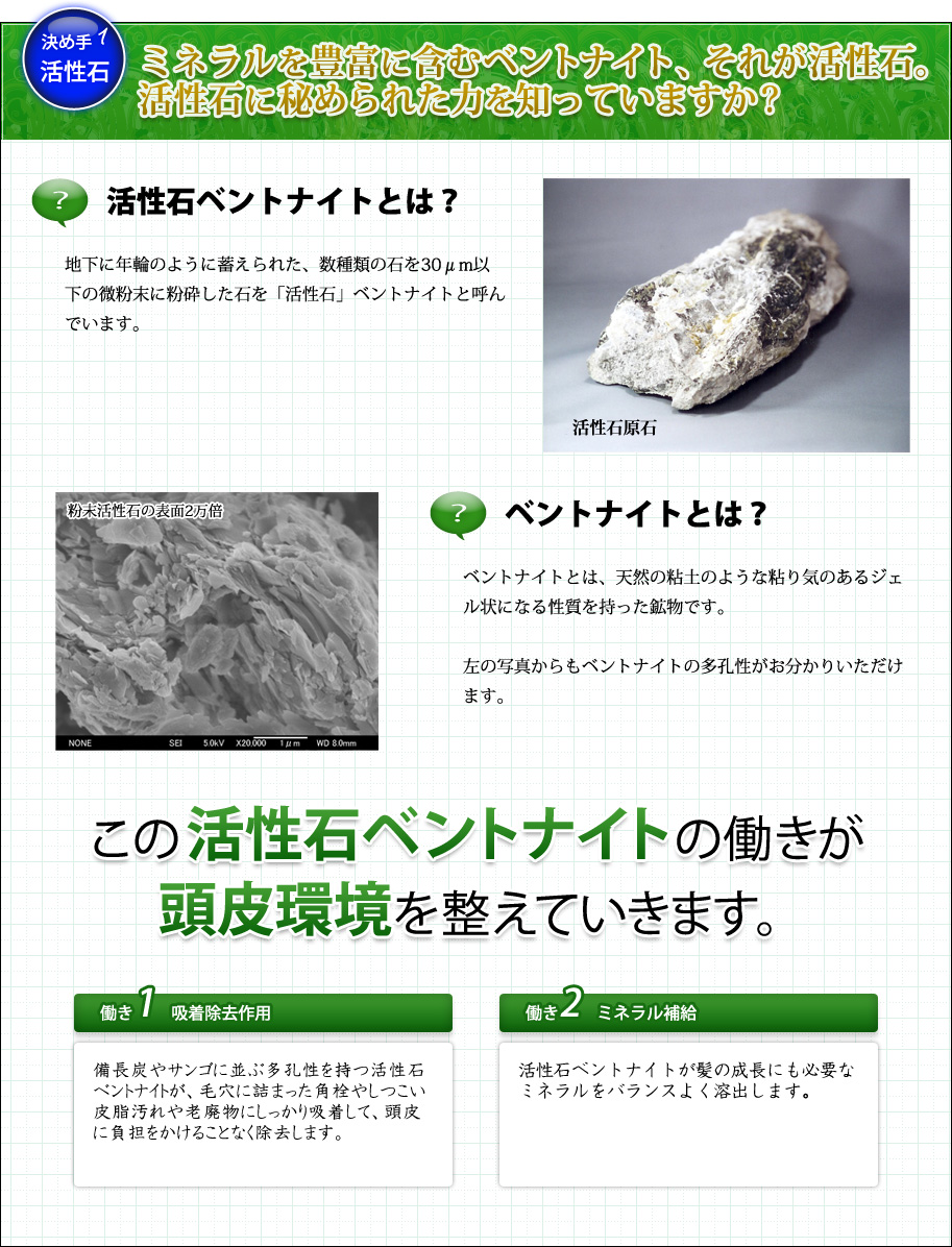 決め手1活性石　ミネラルを豊富に含むベントナイト、それが活性石。活性石に秘められた力を知っていますか？　「活性石ベントナイトとは」　独自に研究開発を進めてきた東北・山陰地方一帯、大地のバランスが非常に優れた特定の地域の地下に年輪のように蓄えられた、様々な薬理効果を持つ石「活性石」を、一旦30μm以下という超微粉末に粉砕して10数種類をブレンドした物が「活性石ベントナイト」です。「ベントナイトとは」ベントナイトとは、水分を吸収することで膨らみ、天然の粘土のような粘り気のあるジェル状になる性質を持った鉱物です。この活性石ベントナイトの働きが
理想的な頭皮環境を整えていきます。　働き1：吸着除去作用。備長炭やサンゴに並ぶ多孔性を持つ活性石ベントナイトが、毛穴に詰まった角栓やしつこい皮脂汚れや老廃物にしっかり吸着して、頭皮に負担をかけることなく除去します。　働き2：ミネラル補給。活性石ベントナイトが髪の成長に必要な必須ミネラルをバランスよく溶出します。働き3：血行促進、デトックス。遠赤外線作用で頭皮の老廃物を排出して、毛細血管の血行を促進します。働き4：抗菌・消炎作用。酸化皮脂などが原因で起こる肌トラブルなどを抑制・沈静化して、快適環境を守ります。